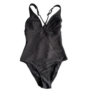 CUPSHE Black Ribbed Plunge V Neck Criss Cross Back One Piece Swimsuit Size S